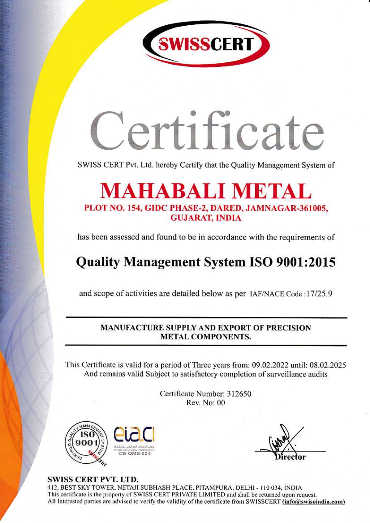 Mahabali Metal ISO - 9001 : 2015 Certified